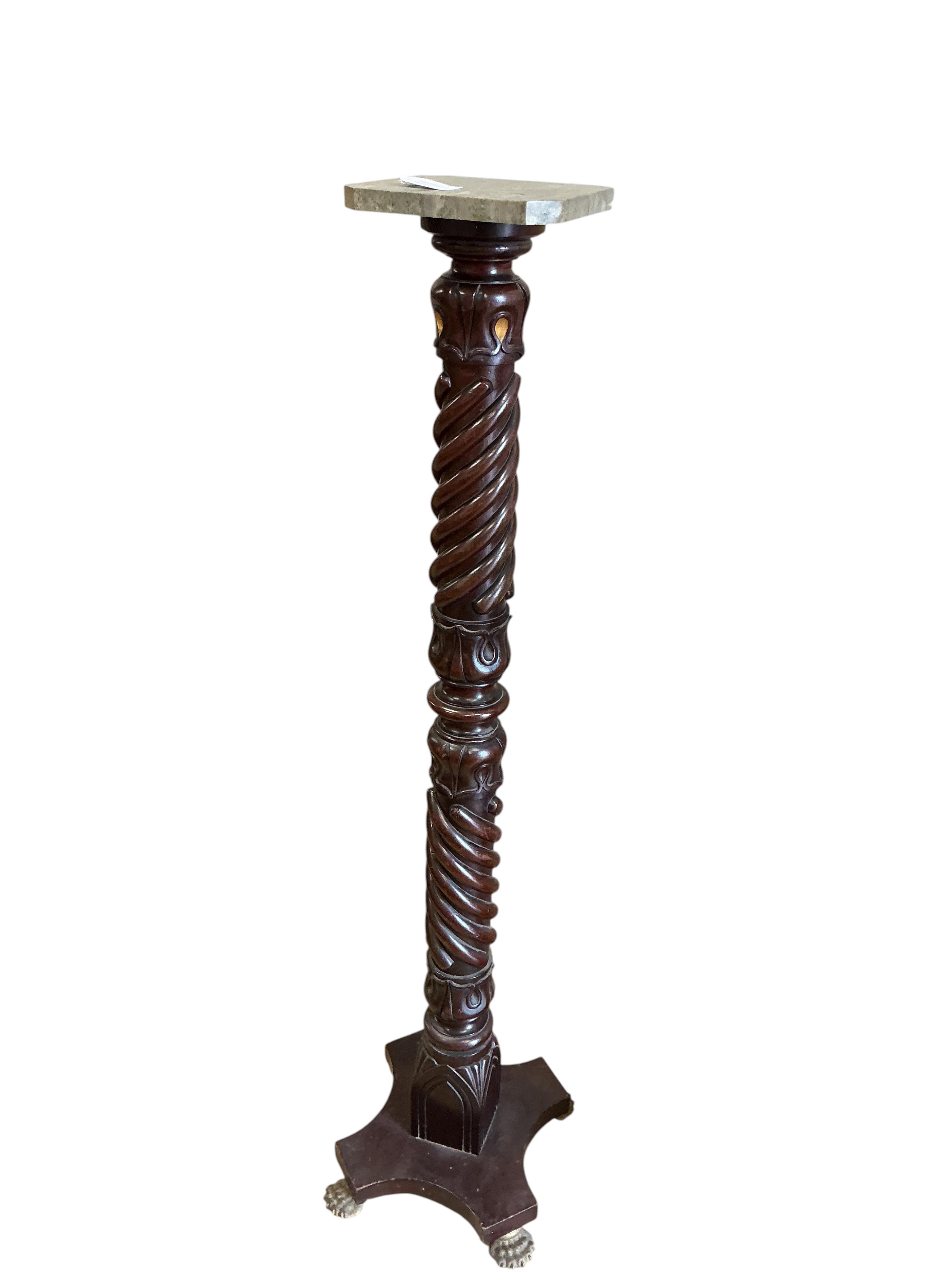 An English turned wood torchere with marble top, converted from a bedpost, height 130cm